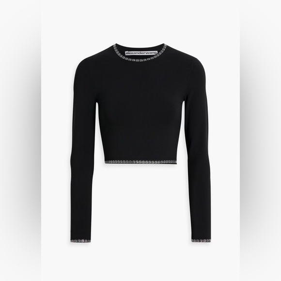 NWOT Alexander Wang Crystal Logo Embellished Trim Cropped Long Sleeve Top S - Picture 1 of 17
